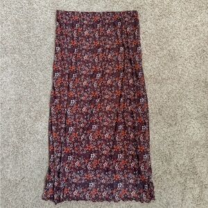 Women's Burgundy Floral Midi Skirt with Orange and White Accents